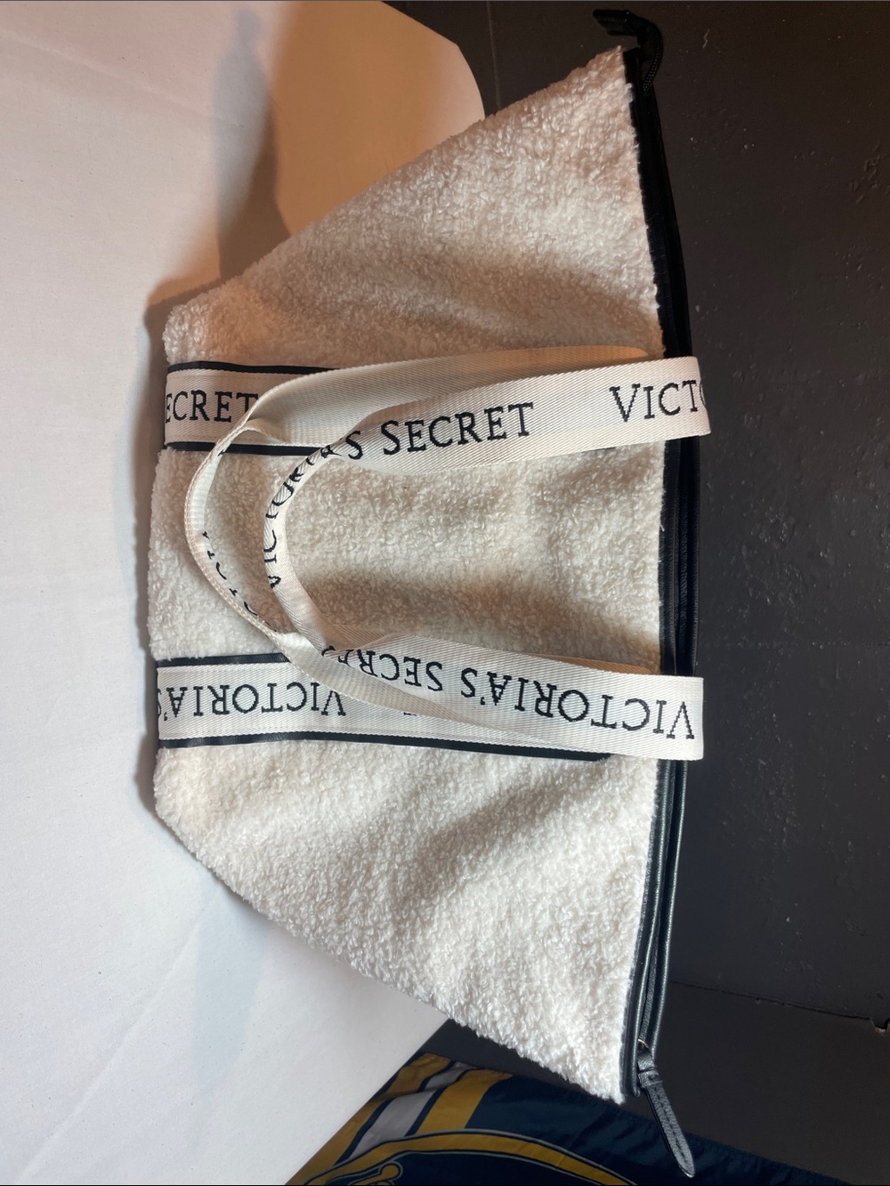 Victoria's Secret White Sherpa Tote with Black Trim and Logo Straps